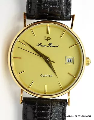 Lucien Piccard 14K Solid Gold Quartz  Watch 32mm Black Leather Strap Ronda Movm. • $555