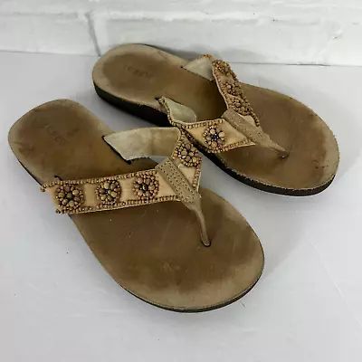 J .Crew Women's Flip Flop Sandals Wood Bead Embellished Fabric Straps Tan Size 5 • $25