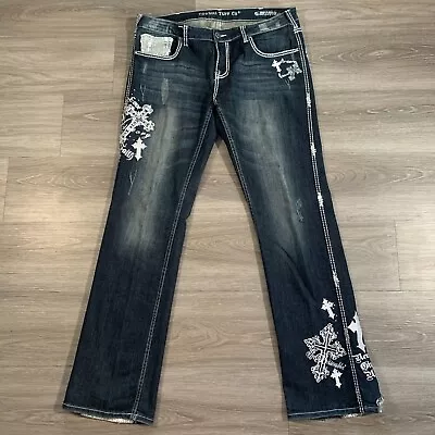 Cowgirl Tuff Co. Jeans Womens 34x35 Unbelievable Bootcut Sequin Cross Dark Wash • $44.95