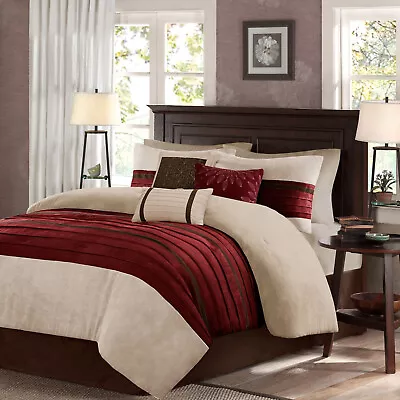 Queen Comforter Set 7 Pc Shams Pillows Bed Spread Skirt Faux Suede Red L Warm • $94.80