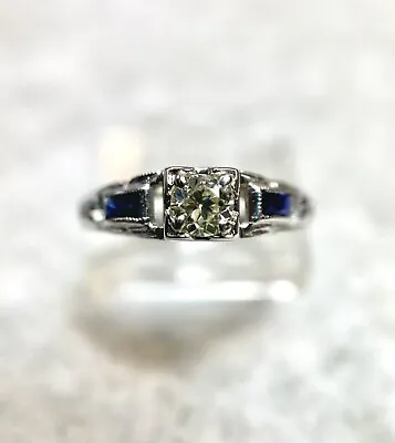 18kt. White Gold Vintage .25 Natural Diamond & Lab Created Sapphire Ring Sz 4.5 • $349.95