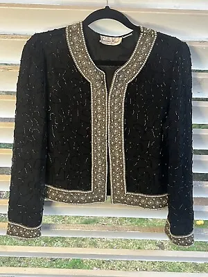 Vintage Laurence Kazar  Womens Petite Medium 100% Silk Embroidered Beaded Blazer • $38.50