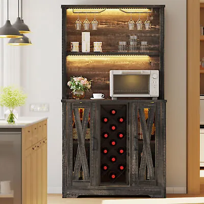 Farmhouse Corner Bar Cabinet Liquor Wine Storage Stemware Rack Display LED Light • $159.99