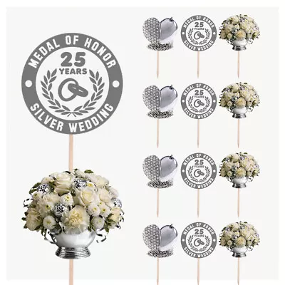 Silver 25th Wedding Anniversary Cake & Food Party Decorations Picks Toppers 14PK • £5.99