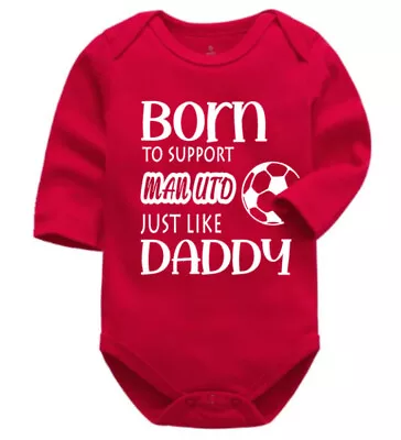 Personalised Man Utd Born To Support Long Sleeve Baby Bodysuit Suit Grow Red • £11.99