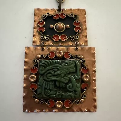 Vintage Latin American Mayan Aztec Copper/enamel Large Pendant & Chain Mexico • $146.25