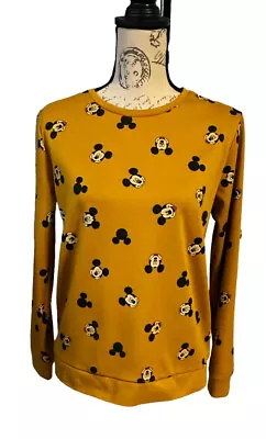 Disney Mickey Mouse Print Grey Crew Neck Sweater Top Mustard Overall Graphic Med • $23.76