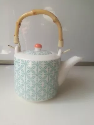 Sashiko Pattern Ceramic Oriental Teapot With Bamboo Handle-Small Green & White  • £13