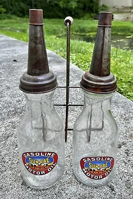 Set Of (2) SUN-RAE Gasoline ~ Motor Oil Bottles W/ Metal Wire Oil Bottle Carrier • $153.85