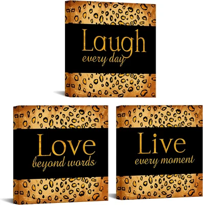 £57.43 • Buy 3 Piece Live Laugh Love Canvas Wall Art Leopard Printed Pictures Gold And Black 