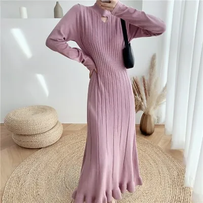 Lady Ruffle Keyhole Neck Long Sweater Dress Fit Slim Waist Pleated Knit Vestido • £41.15