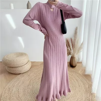 Women Ruffle Keyhole Neck Long Sweater Dress Slim Waist Pleated Knit Vestido • £43.02