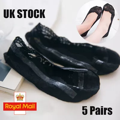 5Pairs Womens Ladies Footsies Skin Shoe Liners Invisible Thin Lace Socks Black • £4.39