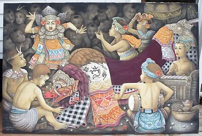 Extra Large Indonesian Ubud Bali Performing Theatre Painting Signed  Astina  • $87.43