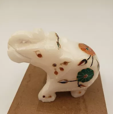 Hand Carved Elephant Marble With Semi-Precious Stones Inlay Flowers 2.5 H • $24.79