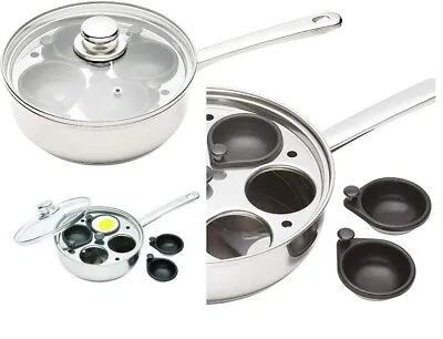 Stainless Steel 20cm Egg Poacher 4 Hole Cups / Frying Saute Induction Pan 16925 • £22.95