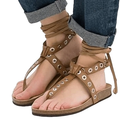 $35 • Buy Zara  Leather Sandles Women's Size 7.5 / 38  Lace Up Straps Boho Metal Hole Acce