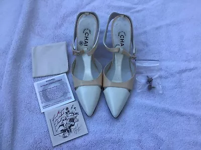 Chanel Vintage Bone & Tan Patent Leather Buckle Close Pointed Toe Shoes Size 36. • $188