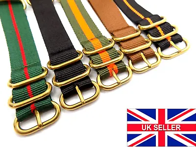 £5.99 • Buy Nylon NATO Watch Strap Band Replacement Golden Brass Steel 5 Rings Zulu Buckle