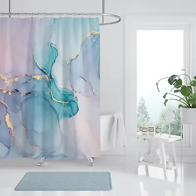 Chiinvent Marble Shower Curtain Set Light Blue And Gold Turquoise Bathroom Showe • $14.70