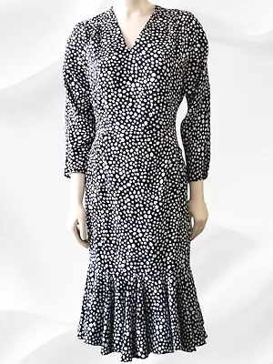 Vintage Secretary Business Black & White Dot Siasia Silky Dress 6 Ruffle Bottom • $43.25