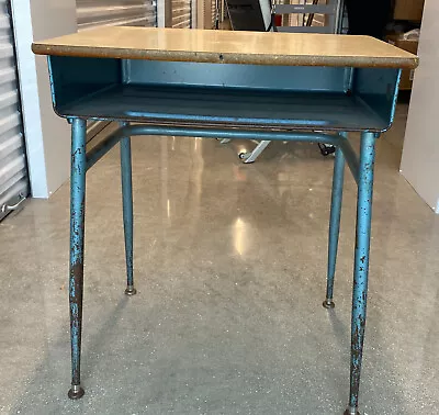 Vintage Turquoise Industrial Mid-Century Student School Desk Well-made Heavy • $275