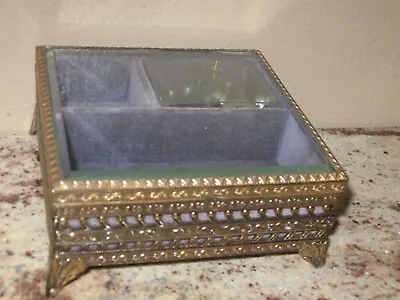 Vintage Glass & Gold Ormolu Metal Musical Filigree Jewelry Casket Trinket Box • $29.99