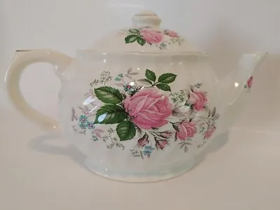 Caledonia Pottery Staffordshire Pottery Pink Rose & Green Leaf English Teapot • $27.95
