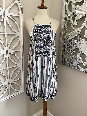 MIAMI Small BLUE WHITE STRIPE FLORAL EMBROIDERY SLEEVELESS SHIFT SUMMER DRESS • $2.98