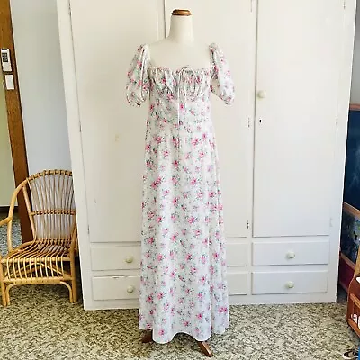 SUPER SPECIAL Womens White Floral Puff Sleeve Maxi Dress Retro Style Size L • $35