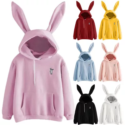 Bunny Women Rabbit Ear Hoodies Hooded Sweatshirt Pullover Jumper Casual Tops • £12.64