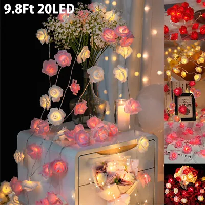 20LED Rose Flower String Lights Battery Indoor Fairy Light Wedding Party Decor • £9.71