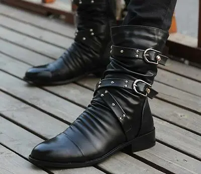 Men's Pointed Toe Ankle Boots Pleated Rivets Buckles Side Zip Faux Leather Shoes • $42.31