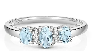 9ct White Gold Aquamarine And Diamond Ring Trilogy Three Stone Size J - Q • £179