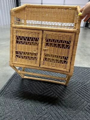 Vintage Shabby Chic Wall Hanging Wicker Shelf W/ 2 Doors & Hanging Rod 24x16x8.5 • $48.99