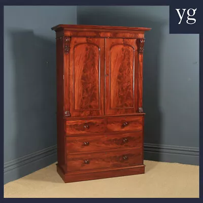 Antique English Victorian Flame Mahogany Linen Press Wardrobe (Circa 1860) • £3450