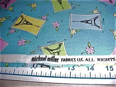 Fabric Cotton Quilting Michael Miller Paris Patt # C-2337 Aqua Background OOP • $8.95