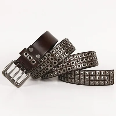 Men Real Genuine Leather Belt Punk Biker Studded Rock Rivet Buckle Waistband • $29.99