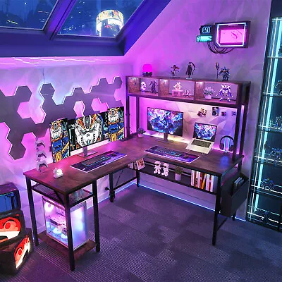 L Shaped Gaming Desk With LED Lights & Power Outlets Home Office Desk W/ Shelves • $197.99