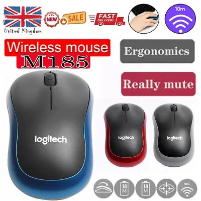 Logitech M185 Wireless Optical Mouse + USB Receiver Fit Compact PC Laptop Mouse • £2.99