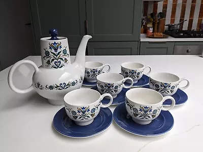 Blue And White Teapot 6 Teacups And Saucers J G Meakin Vintage Retro • £4.99