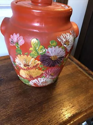 Vintage Ransburg Orange Cookie Jar Floral Pattern Hand Painted USA Made With Lid • $25.12