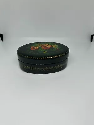 Vintage Small Russian Lacquer Elongated Oval Box With Floral Detail • $10