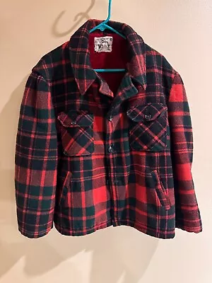 Vtg Woolrich Flannel Jacket Men's Large Red Buffalo Check Plaid Coat • $40.80