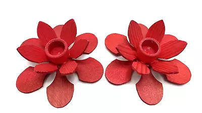 Pair Of Vintage Wooden Red Flower Candleholders Made In Sweden • $24.99