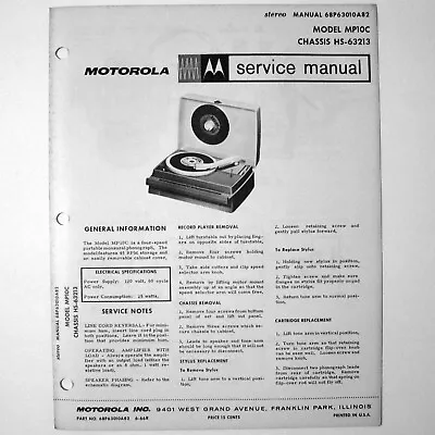 Motorola ® Model MP10C Portable Record Player Service Manual © 1966 • $4.70