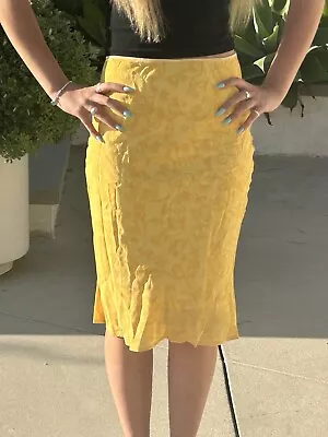 Vintage Y2K 90s S Rayon Mermaid Bias Yellow Mesh Overlay Skirt Midi Floral • $24.85