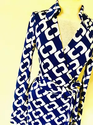 4 6 Diane Von Furstenberg Jeanne Sapphire Blue Chain Link Silk Wrap Dress Nwot • $225