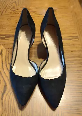 J.Crew DULCI Black Suede D'Orsay Pumps Heels  Scalloped  Size 6.5  EUC • $42