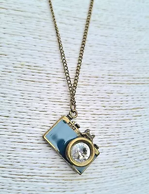 Blue Enamel Crystal & Brass Camera Pendant Necklace On A Long Brass Toned Chain • £6